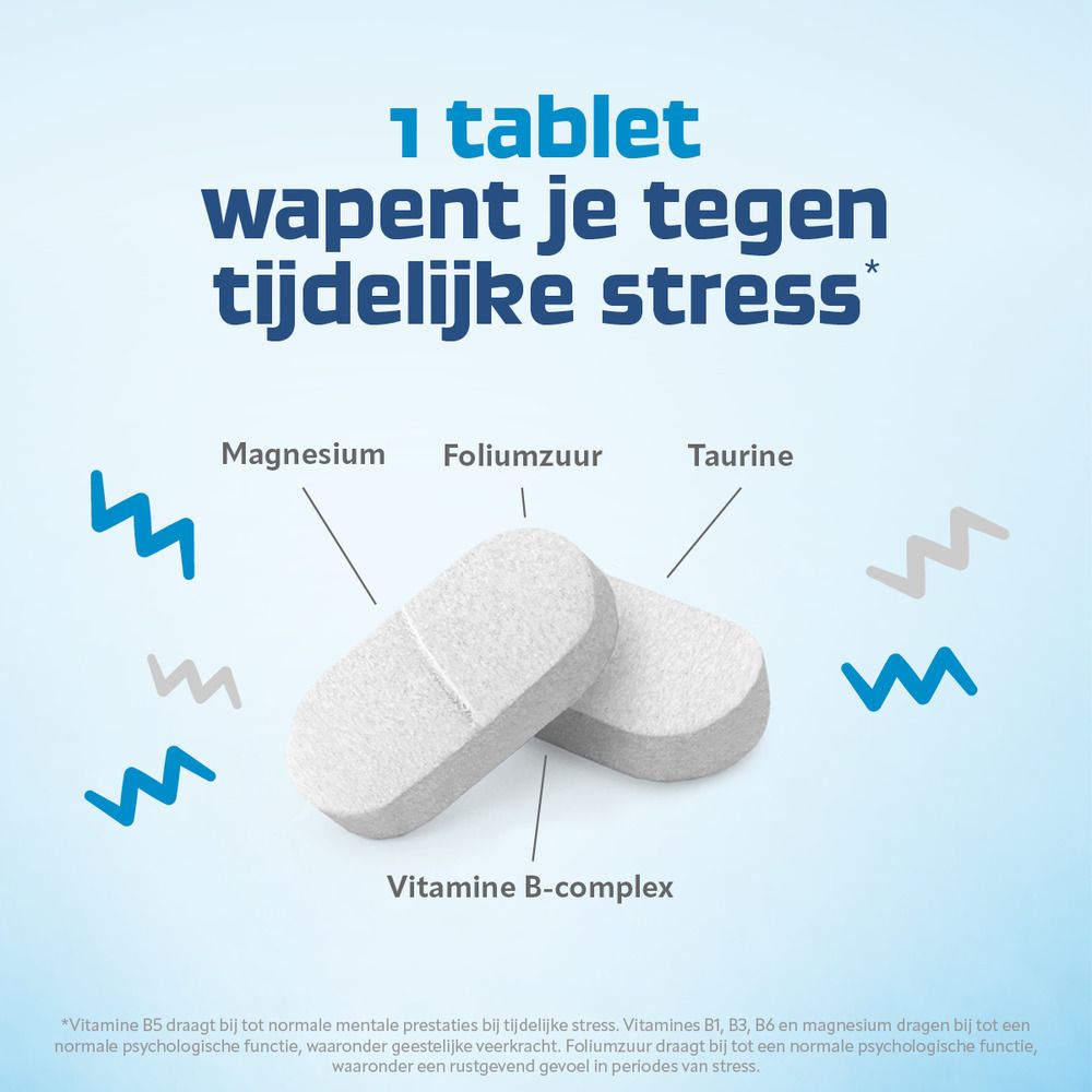 Twee tabletten. Tekst: 1 tablet wapent je tegen tijdelijke stress. Ingrediënten: Magnesium, etc.