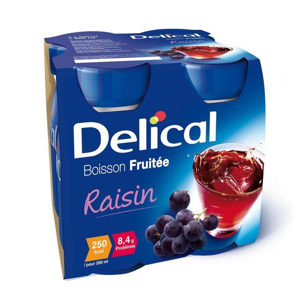 Emballage de quatre coupelles bleues. Inscription Delical, Boisson Fruitée Raisin. Illustration de raisins et de la boisson.