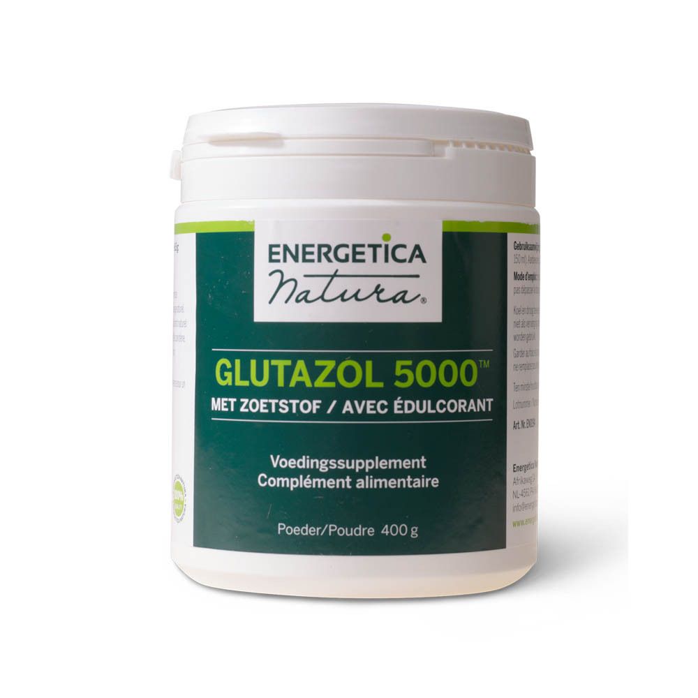 Witte pot met groen etiket. Tekst: ENERGETICA NATURA GLUTAZOL 5000, MET ZOETSTOF / AVEC ÉDULCORANT, Voedingssupplement, 400 g.