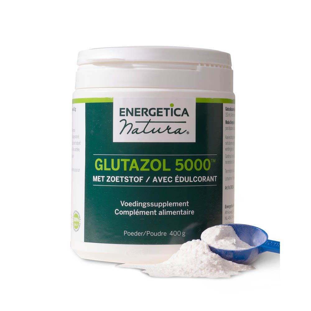 Witte pot met groen etiket. Tekst: ENERGETICA NATURA GLUTAZOL 5000, MET ZOETSTOF / AVEC ÉDULCORANT, Voedingssupplement, 400 g.