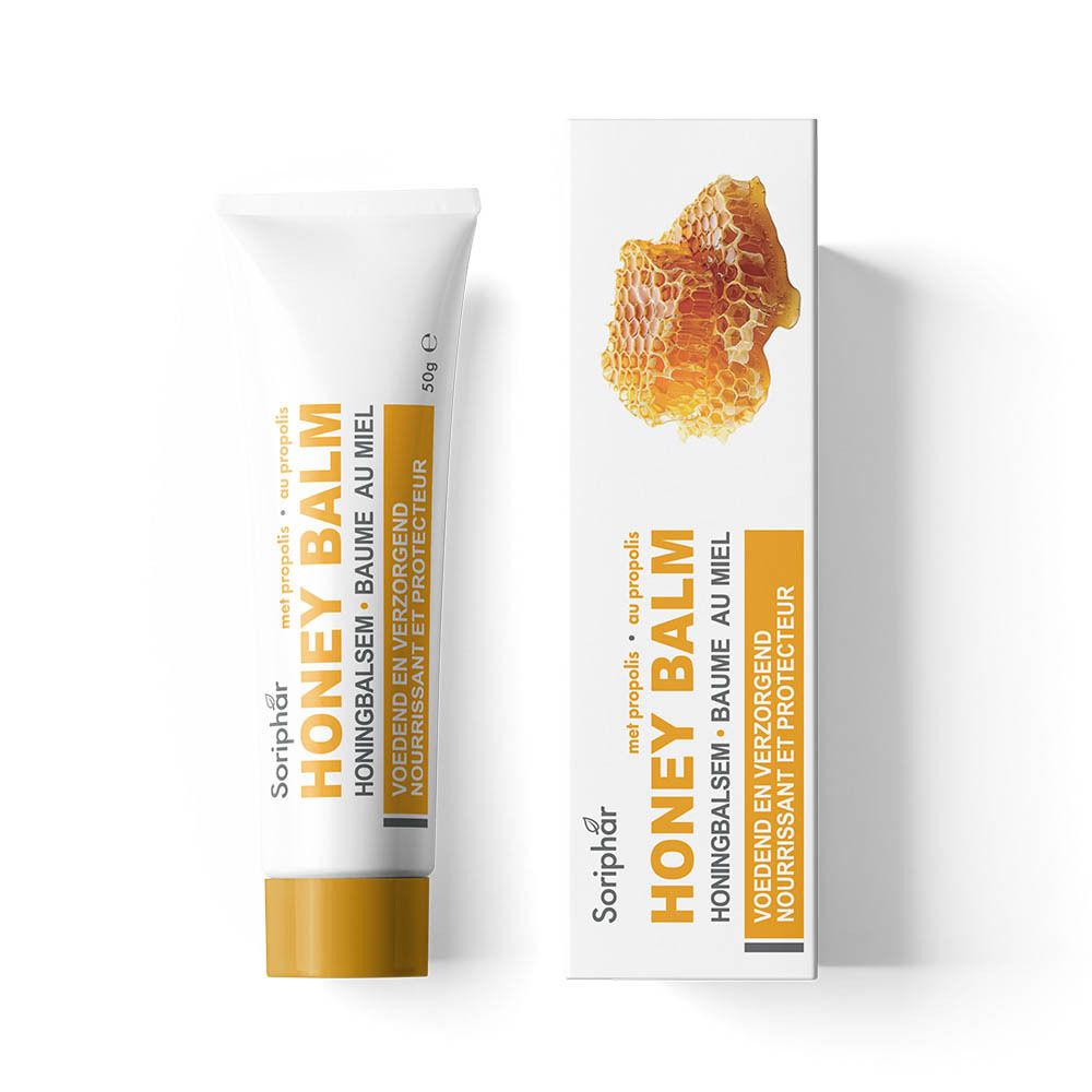 Tube en verpakking van Honey Balm met honingraat design.
