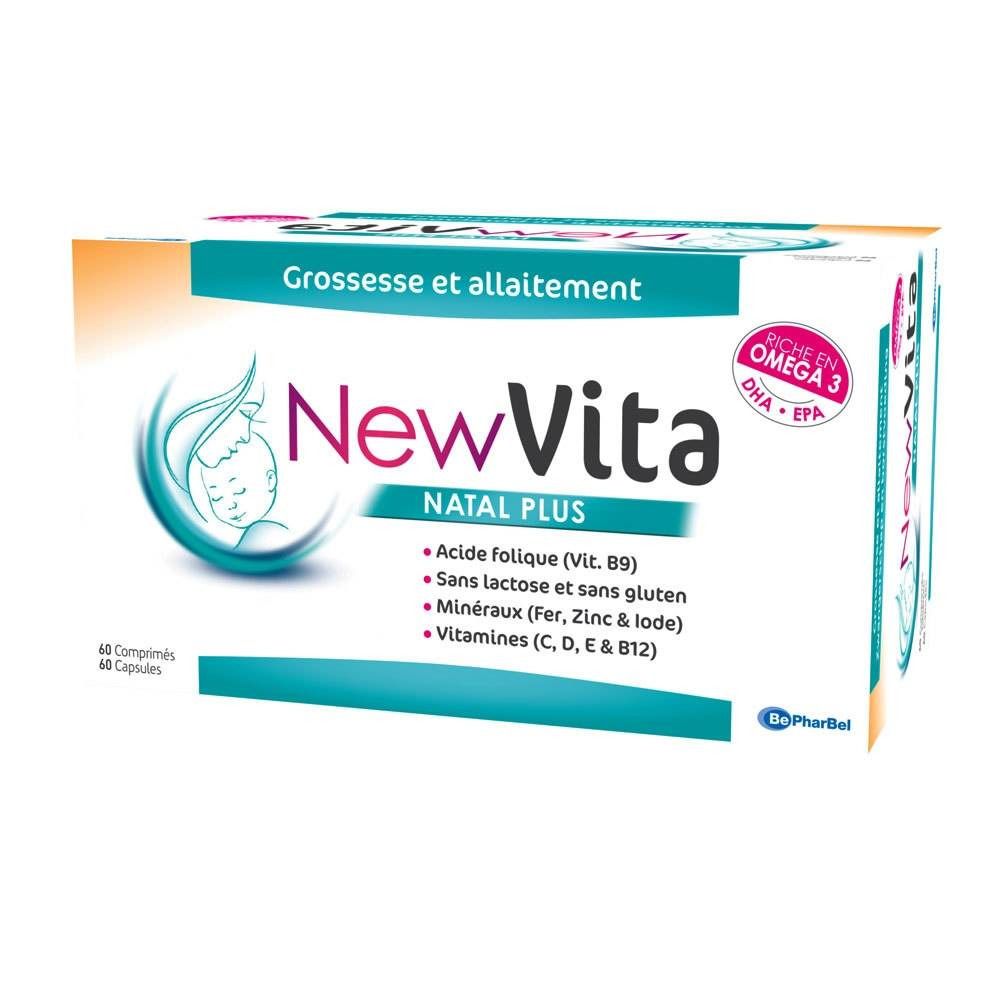 Verpakking "NewVita Natal Plus". Opschrift "Zwangerschap en borstvoeding". Bevat foliumzuur, mineralen, vitaminen. Rijk aan Omega 3.