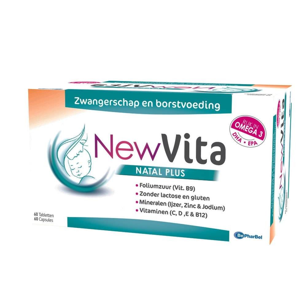 Verpakking "NewVita Natal Plus". Opschrift "Zwangerschap en borstvoeding". Bevat foliumzuur, mineralen, vitaminen. Rijk aan Omega 3.