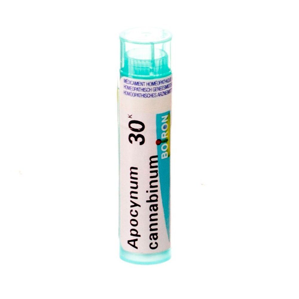Flacon cylindrique, bouchon vert. Inscription: Apocynum cannabinum 30K, Boiron.