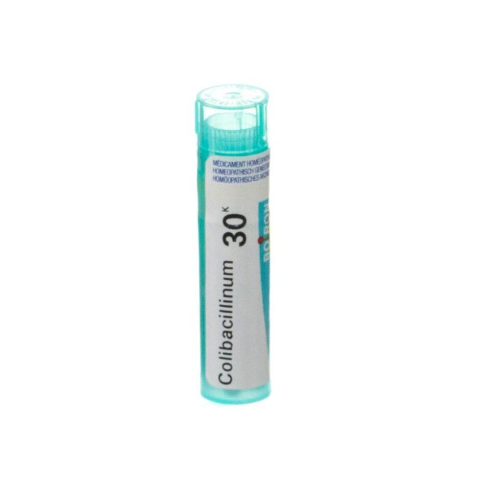 Flacon cylindrique turquoise. Inscription: Colibacillinum 30K. Marque Boiron.