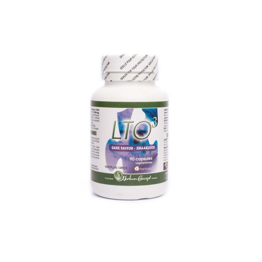 Flacon blanc de capsules. Inscriptions "LTO3", "SANS SAVEUR - SMAAKLOOS", et "90 capsules". Sceau sur le couvercle.