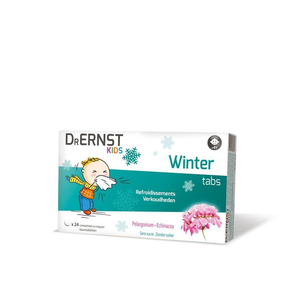 Doosje Dr. Ernst Kids Winter Tabs. Afbeelding: kind met zakdoek, sneeuwvlokken, Winter Tabs, Pelargonium, Echinacea.