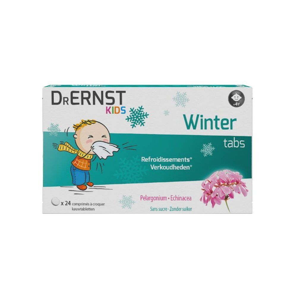 Boîte de Dr. Ernst Kids Winter Tabs. Illustration enfant avec mouchoir, flocons de neige, Winter Tabs, Pelargonium, Echinacea.
