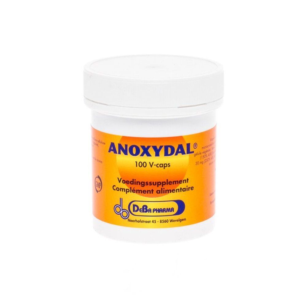 Boîte de 100 V-capsules Anoxydal Q10 de DeBa Pharma.