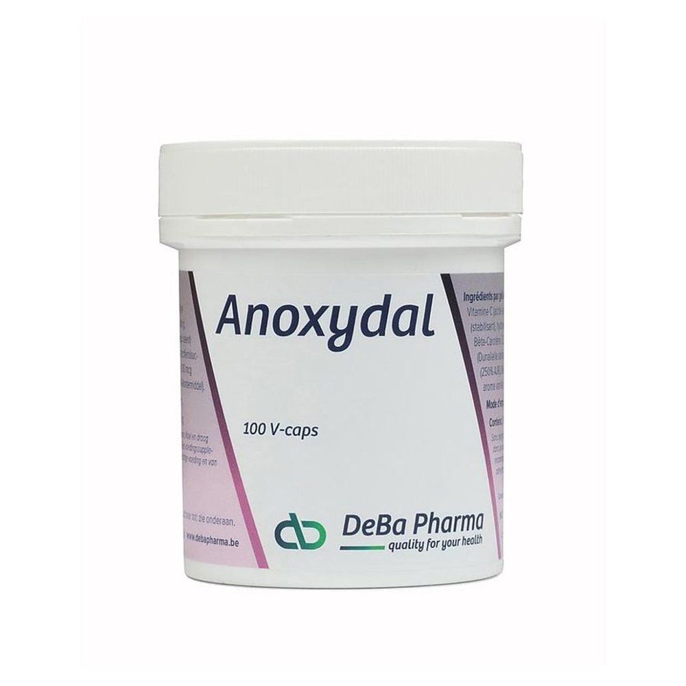 Zijaanzicht van een Anoxydal Q10 pot met ingrediënten en doseringsinformatie.