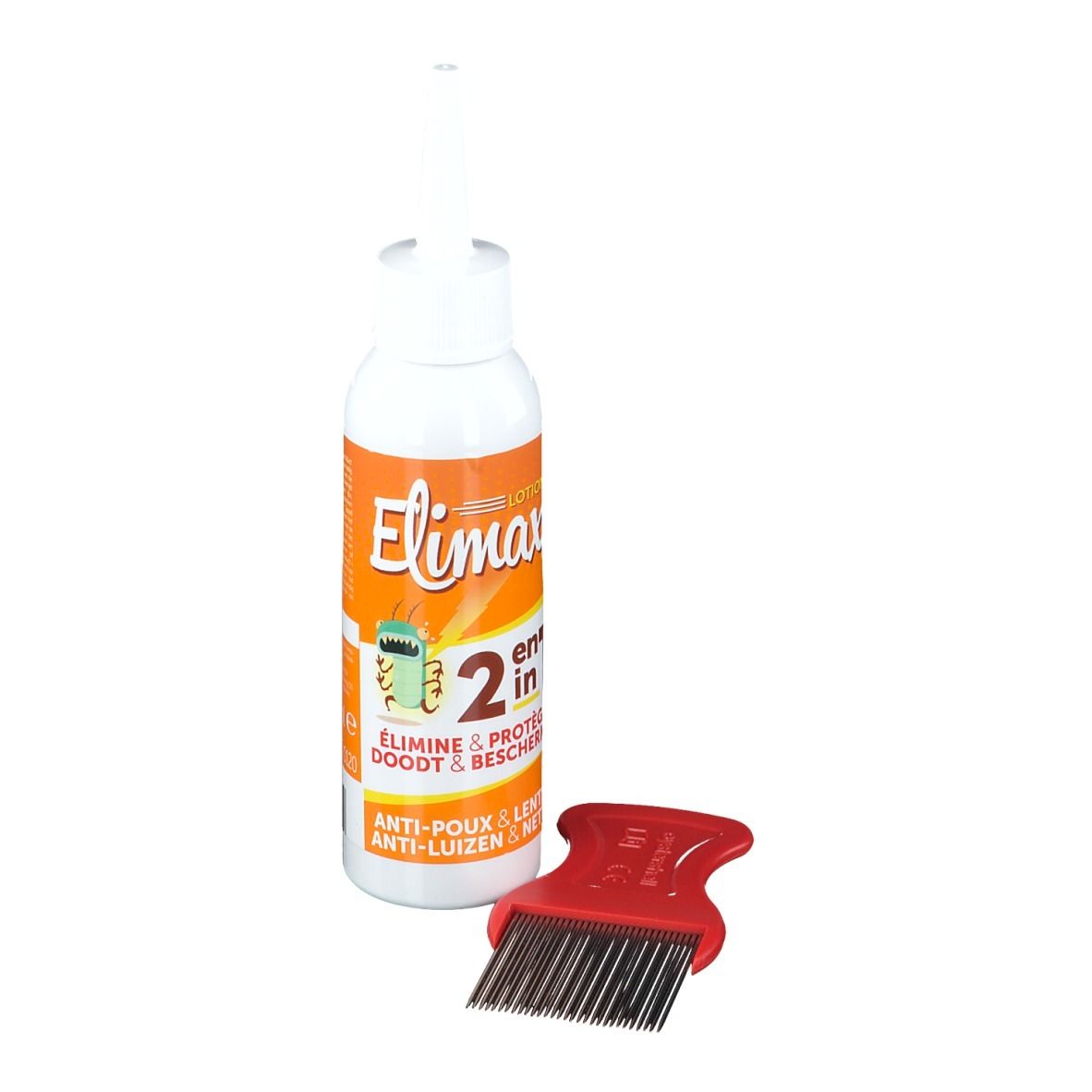 Flacon blanc avec étiquette orange et peigne rouge. L'étiquette indique "Elimax".