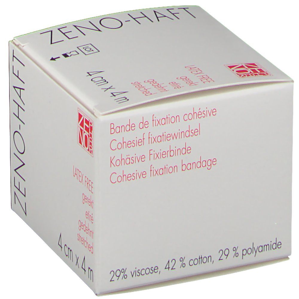 Emballage blanc ZENO-HAFT. Texte: 4 cm x 4 m, sans latex, étiré. Contient 29% viscose, 42% coton, 29% polyamide.