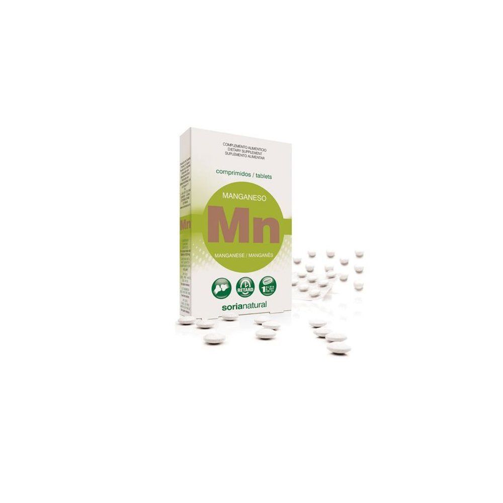 Doosje met tabletten. Opschrift Manganeso Mn. Merk Soria Natural. Tabletten verspreid.