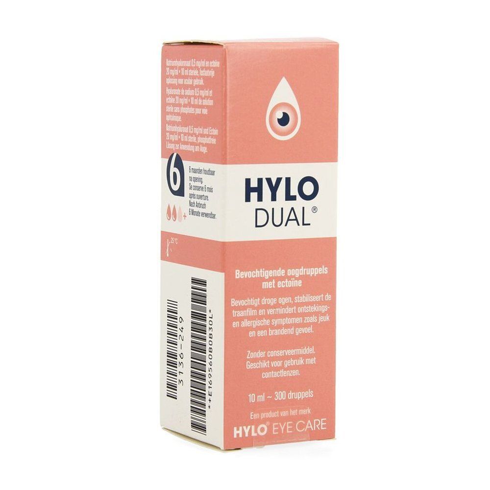 Doosje Hylo-Dual oogdruppels, Nederlandse tekst.