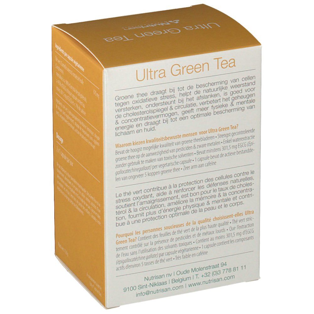 Doos Nutrisan Ultra Green Tea. Tekst in het Nederlands en Frans. Gouden achtergrond.