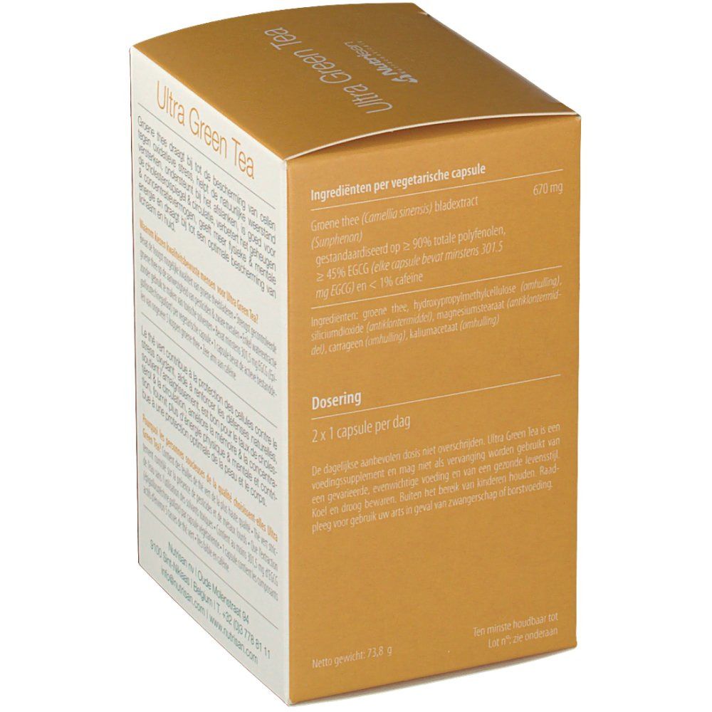 Doos Nutrisan Ultra Green Tea. Tekst in het Nederlands. Gouden achtergrond.