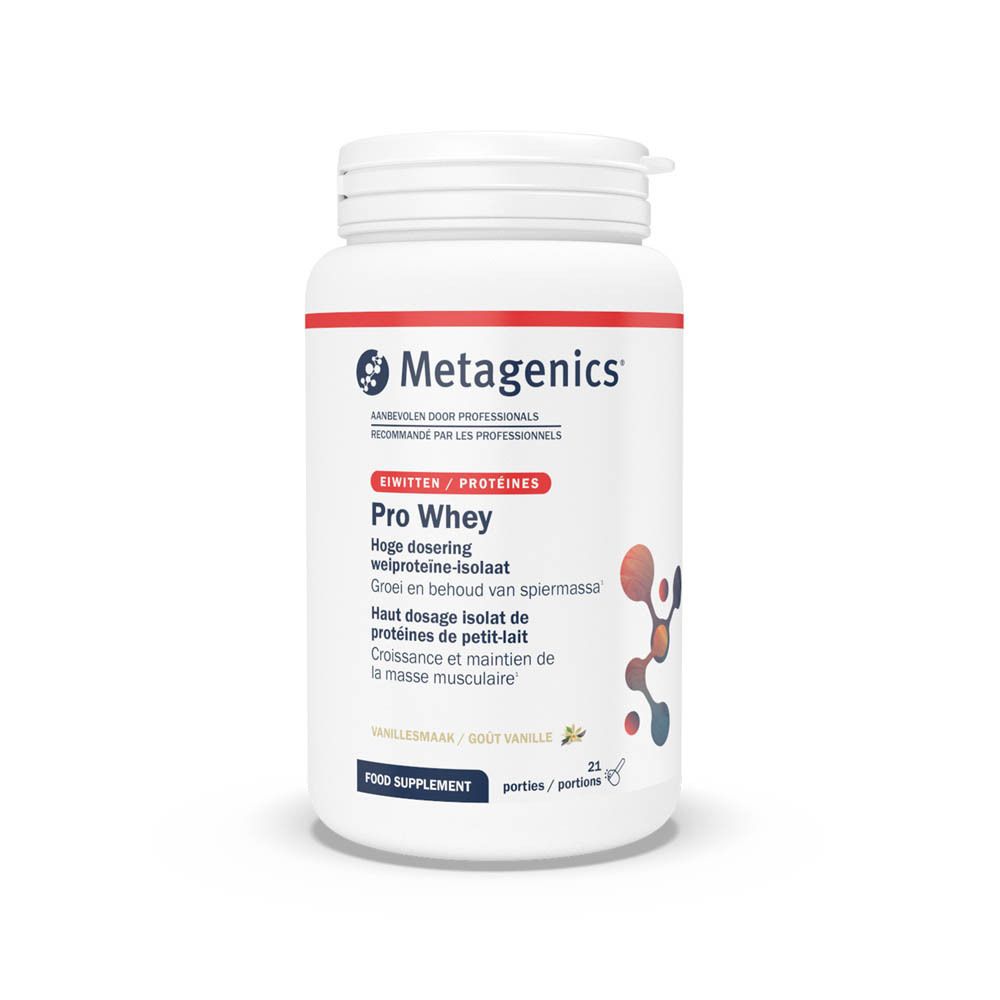 Pot blanc Pro Whey Metagenics. Inscription : Pro Whey, isolat de protéines de petit-lait, goût vanille. 21 portions.