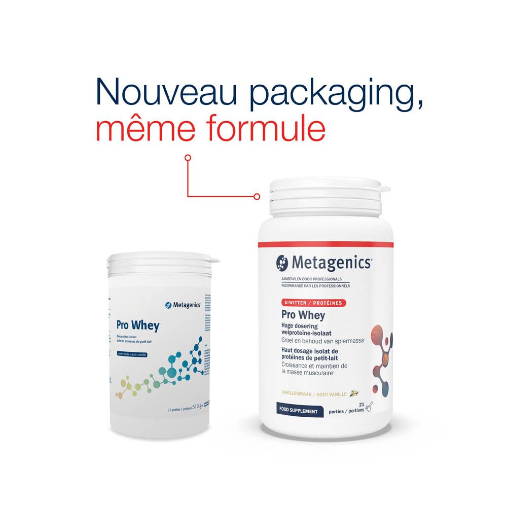 Pot blanc Pro Whey Metagenics. Inscription : Pro Whey, isolat de protéines de petit-lait, goût vanille. 21 portions.