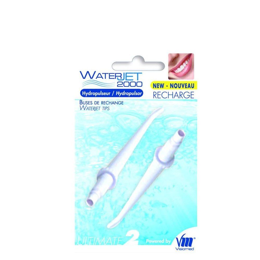 Twee witte Waterjet 2000 opzetstukken in blisterverpakking. Opschrift: Waterjet 2000, Hydropulseur, Recharge.