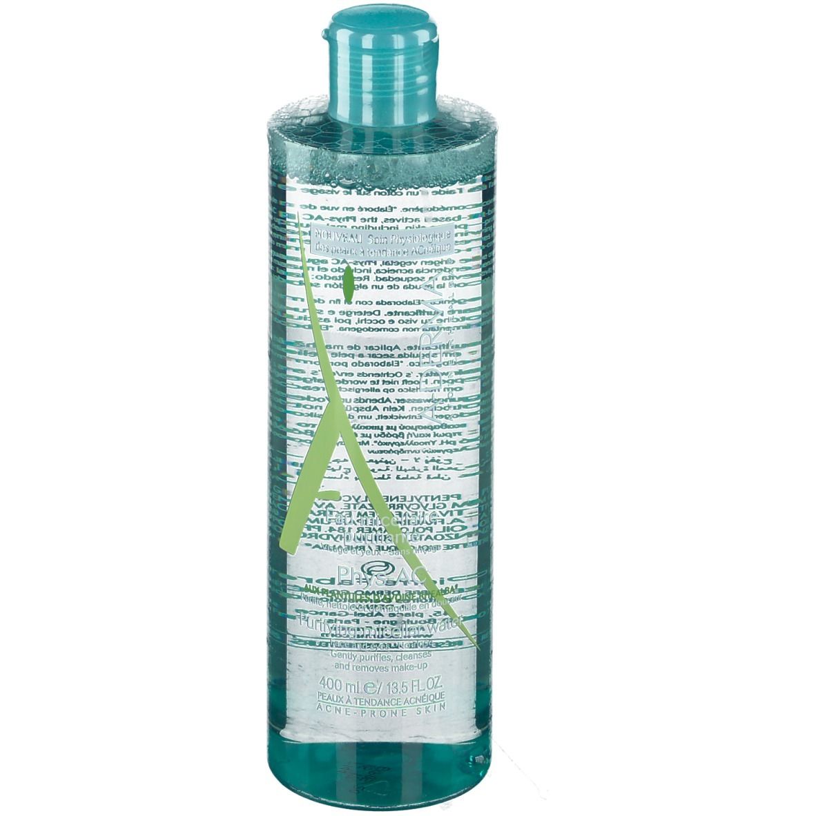 Transparante cilindrische fles met groene dop. Opschrift A-Derma en productinformatie zichtbaar.