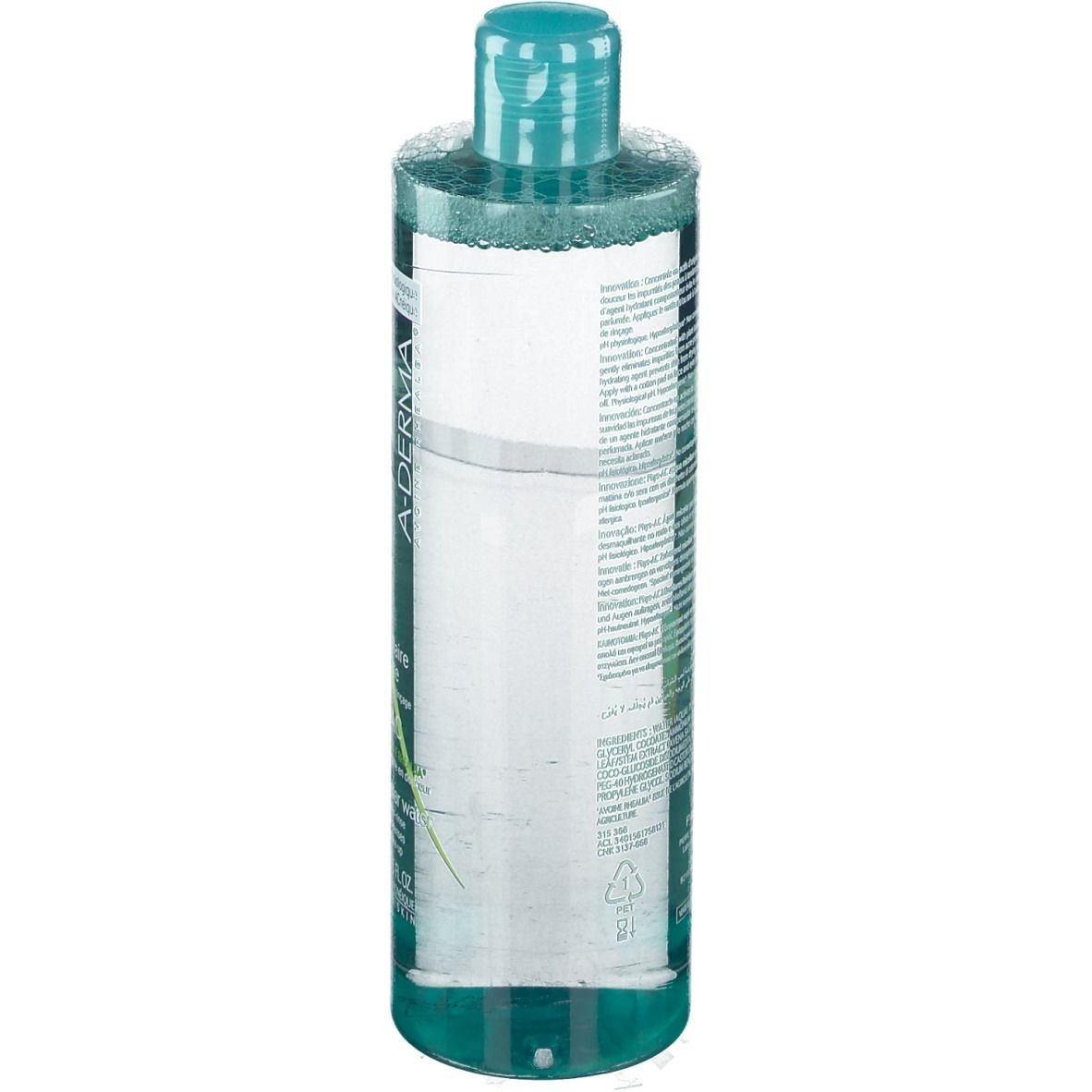 Cilindrische fles met transparante vloeistof en groene dop. A-Derma en productinfo.