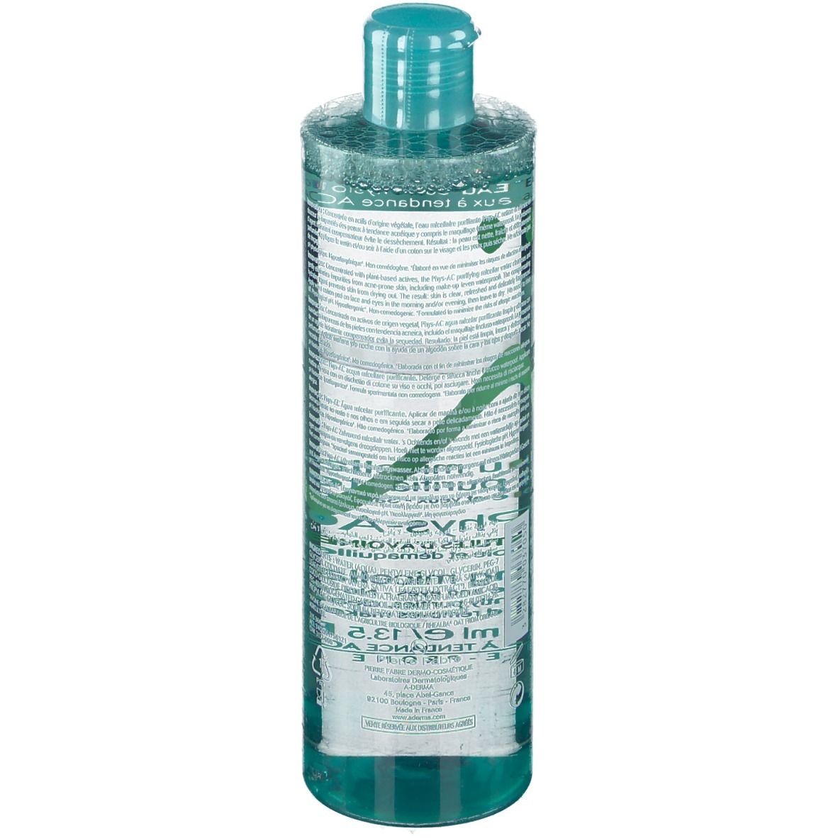 Cilindrische fles met transparante vloeistof en groene dop. A-Derma en productinfo.