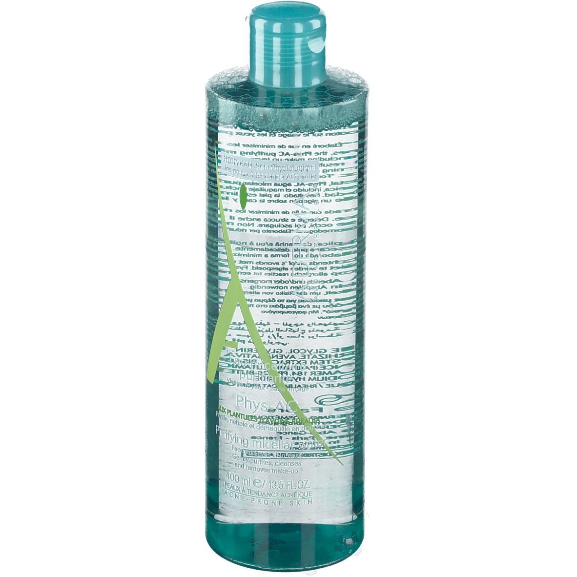 Cilindrische fles met transparante vloeistof en groene dop. A-Derma en productinfo.