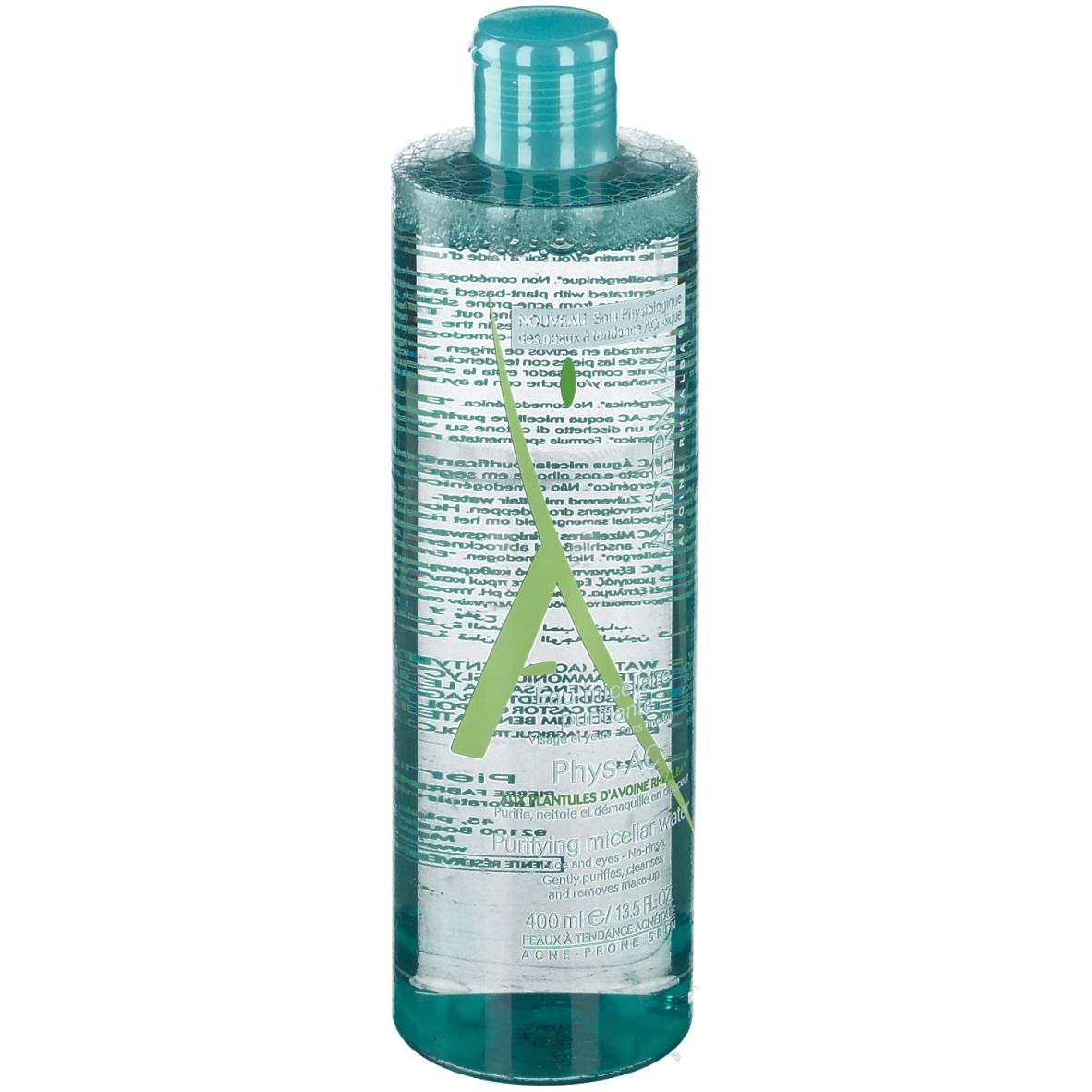 Cilindrische fles met transparante vloeistof en groene dop. A-Derma en productinfo.