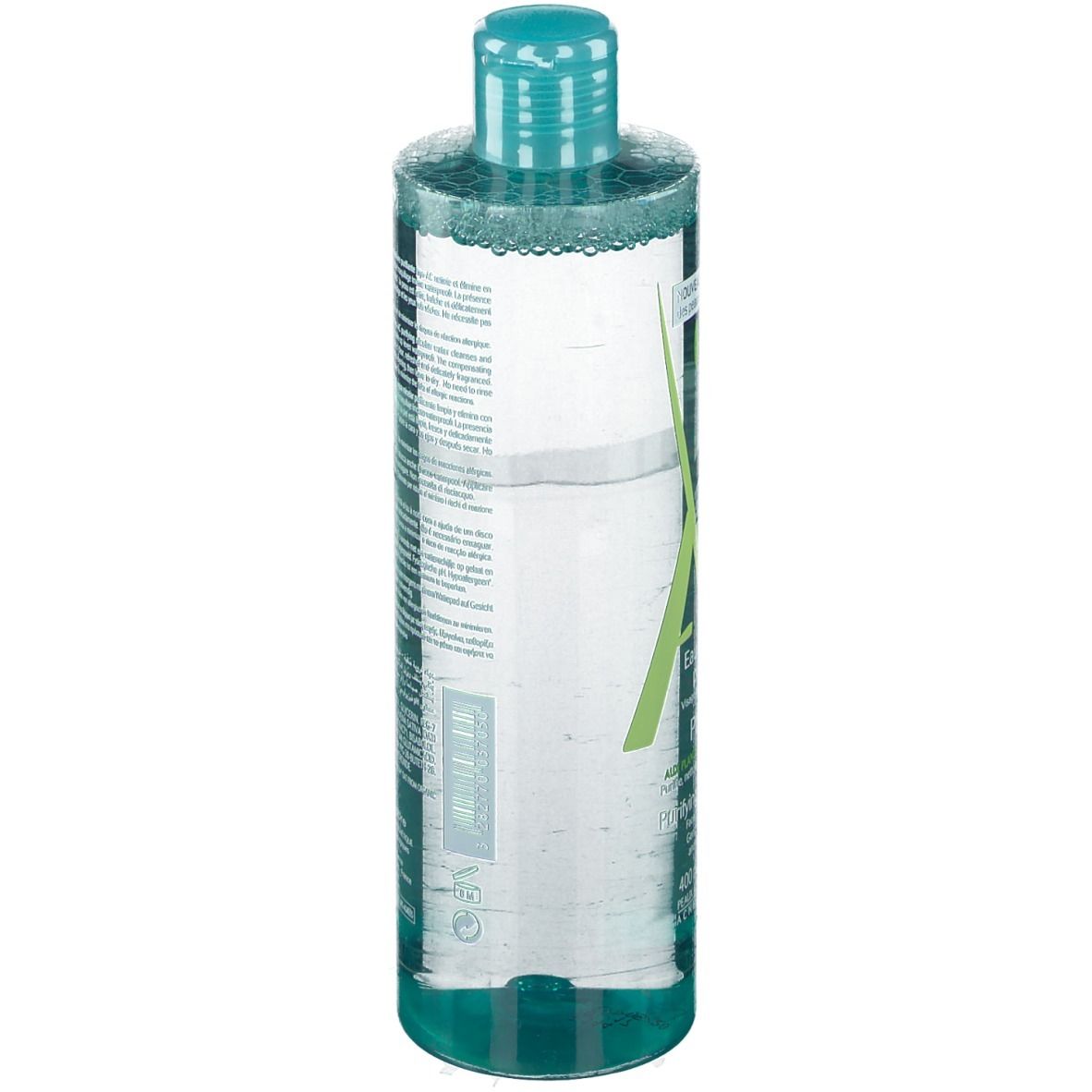 Cilindrische fles met transparante vloeistof en groene dop. A-Derma en productinfo.