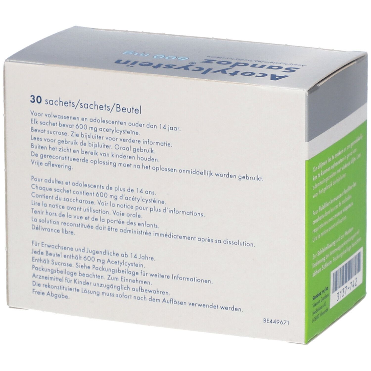 Dos de la boîte d'Acétylcystéine Sandoz 600 mg. Texte multilingue. 30 sachets. Logo Sandoz.