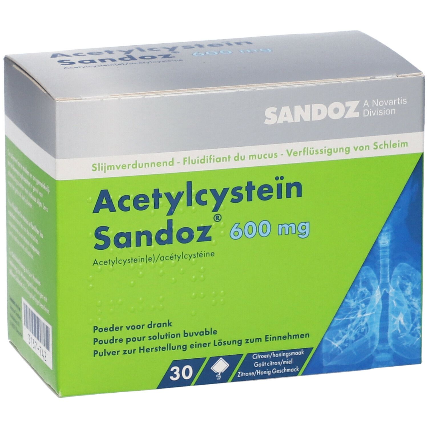 Boîte d'Acétylcystéine Sandoz 600 mg. Emballage vert et blanc. Nom et dosage. 30 sachets, goût citron/miel.