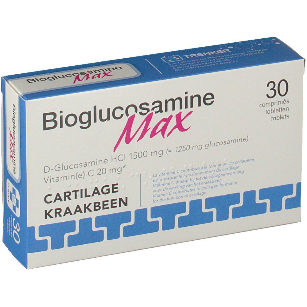 Blauw-witte doos met "Bioglucosamine Max". Bevat 30 tabletten. Opschrift: D-Glucosamine HCl 1500 mg, Vitamine C 20 mg.