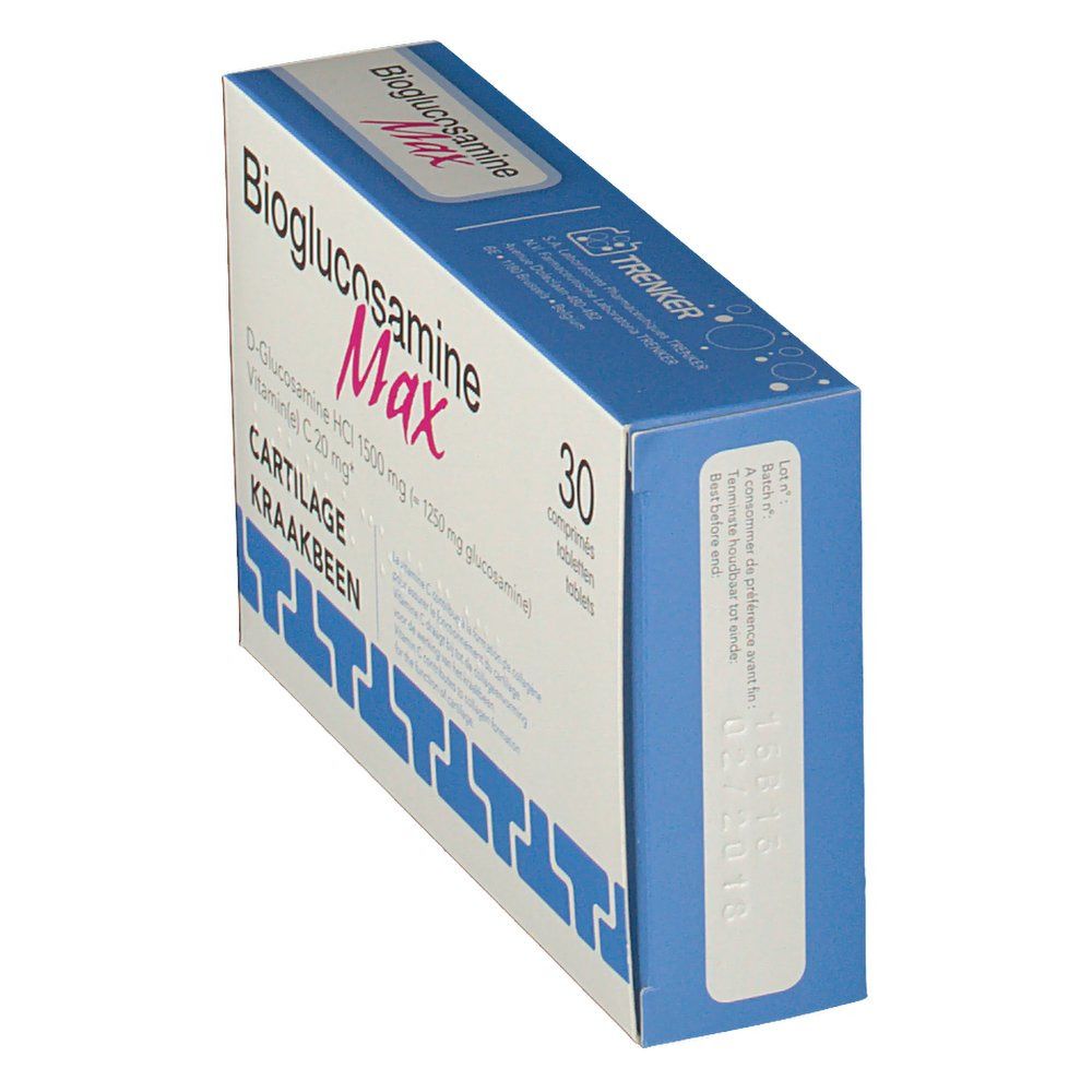 Doos "Bioglucosamine Max" in perspectief. Bevat 30 tabletten. Opschrift: D-Glucosamine HCl 1500 mg, Vitamine C 20 mg. Met datumstempel.