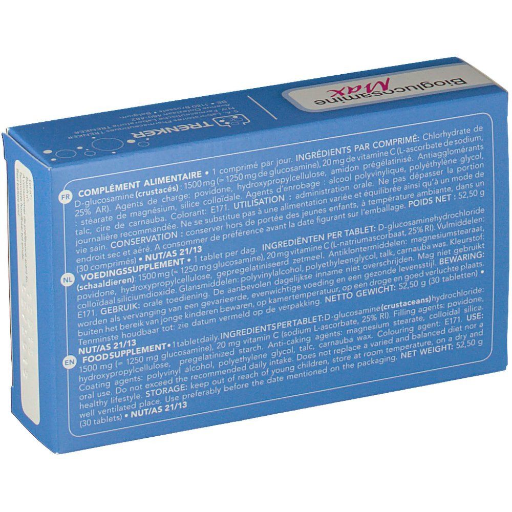Achterkant van de doos "Bioglucosamine Max". Bevat informatie over ingrediënten en gebruik. Meertalige tekst.