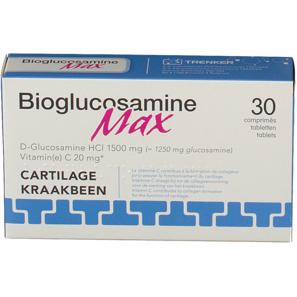 Blauw-witte doos "Bioglucosamine Max" met 30 tabletten. Opschrift: D-Glucosamine HCl 1500 mg, Vitamine C 20 mg. Met logo.