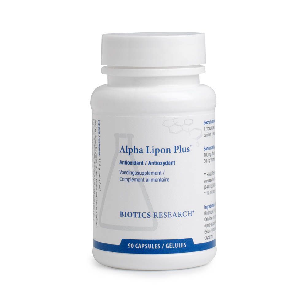 Witte fles met schroefdop. Opschrift: Alpha Lipon Plus, Biotics Research. 90 capsules. Tekst in meerdere talen.