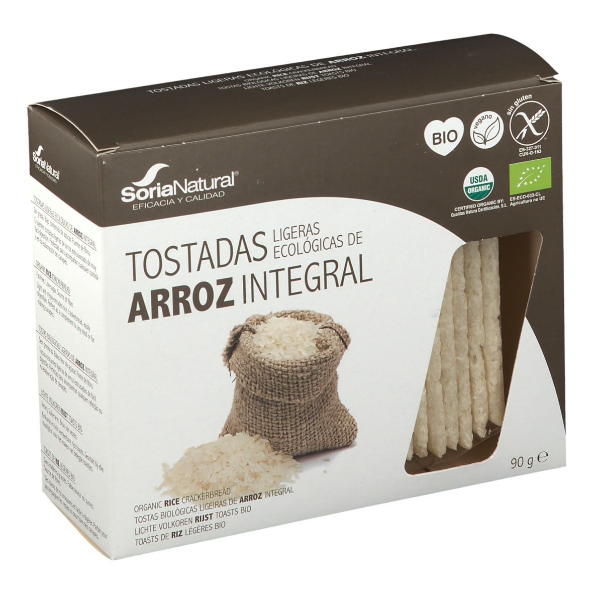 Doos rijstwafels. Venster. Opschriften: Soria Natural, BIO, glutenvrij. Rijst en zak afgebeeld.