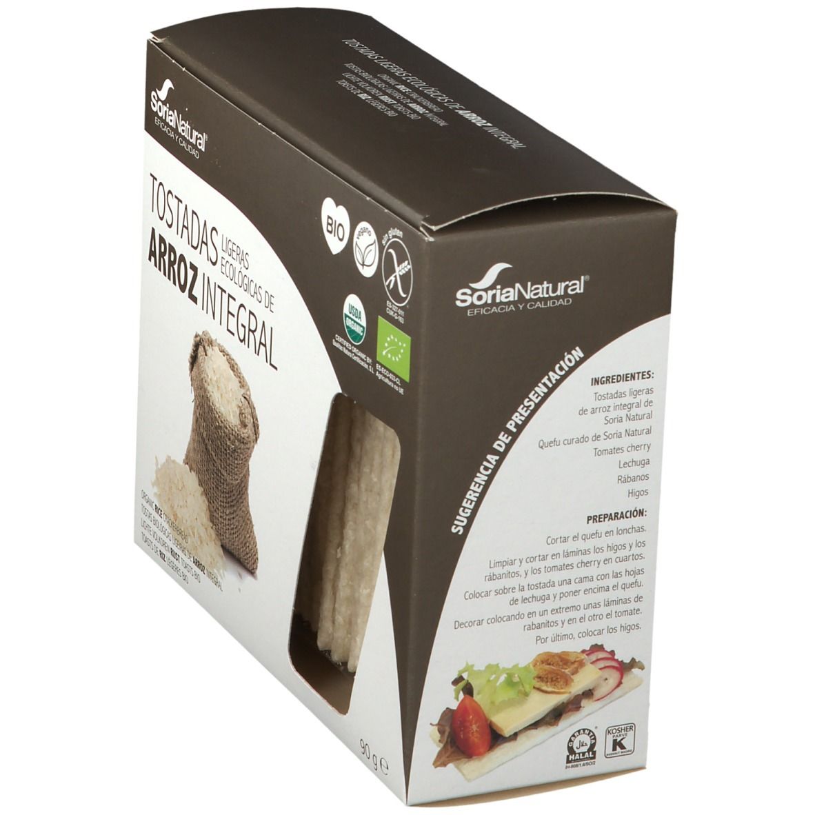 Doos rijstwafels. Venster. Opschriften: Soria Natural, BIO, glutenvrij. Receptsuggestie afgebeeld.