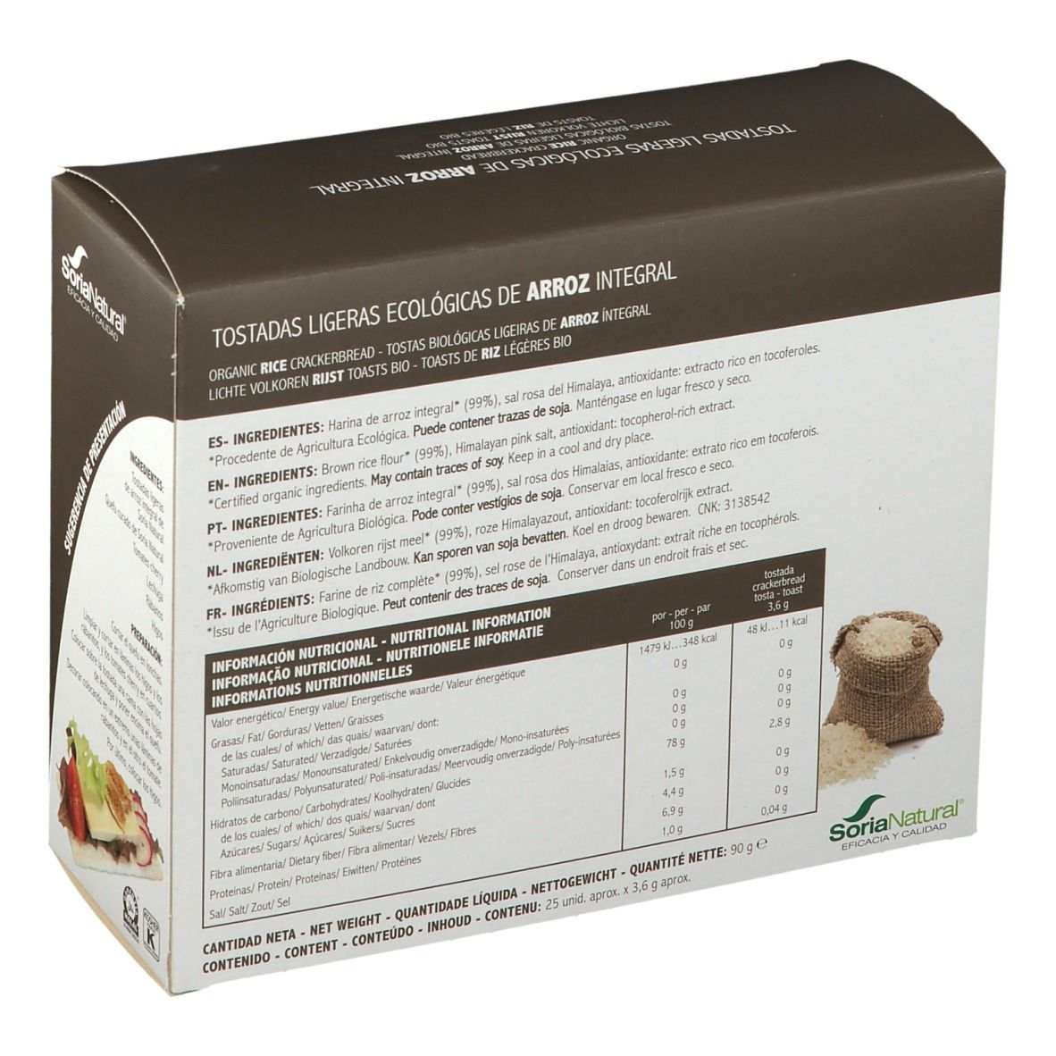 Achterkant van de rijstwafelverpakking. Opschriften: voedingswaarden, ingrediënten, Soria Natural, BIO. Rijst en zak afgebeeld.