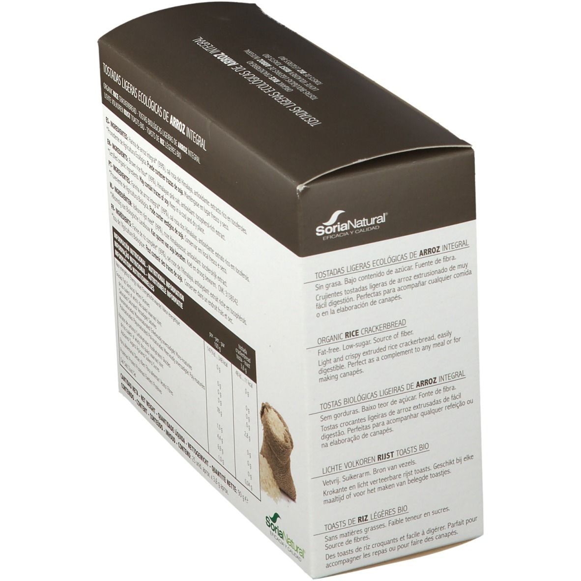 Zijaanzicht van de rijstwafelverpakking. Opschriften: Soria Natural, BIO. Voedingswaarden. Rijstwafel afgebeeld.