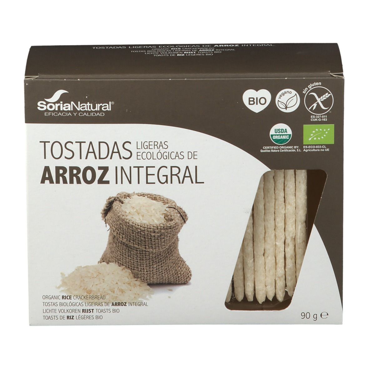 Doos rijstwafels. Venster. Opschriften: Soria Natural, BIO, glutenvrij. 90g. Rijst en zak afgebeeld.