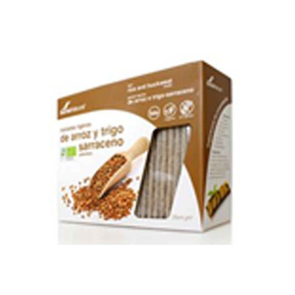 Boîte en carton avec toasts. Fenêtre montrant les toasts. Inscriptions : riz et sarrasin, label bio.