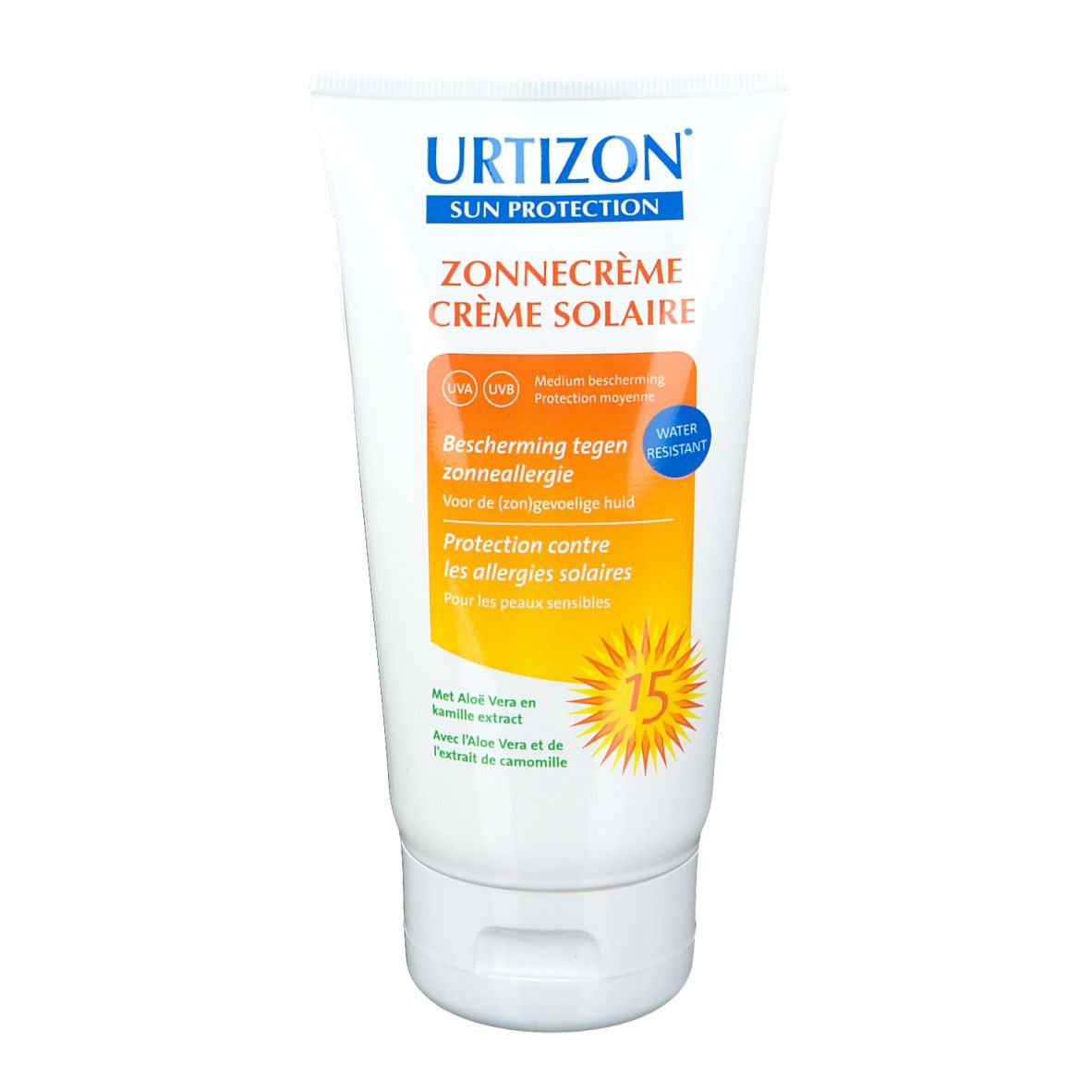 Witte tube Urtizon zonnecrème SPF15. Tekst in het Duits, Frans en Nederlands. Oranje en blauwe accenten.