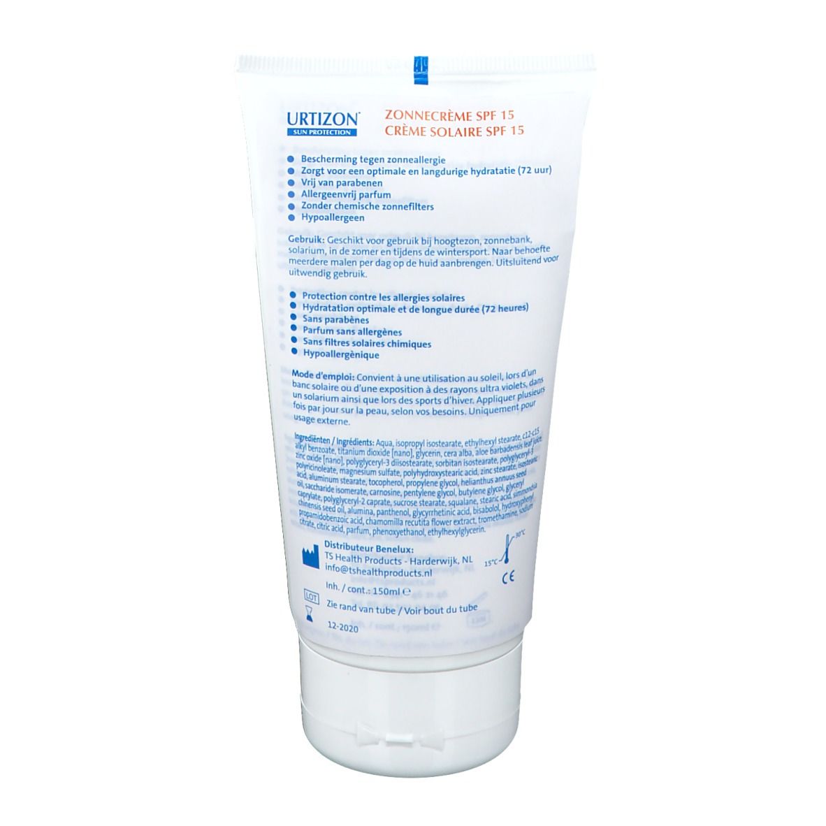Achterkant van de Urtizon zonnecrèmetube. Tekst in het Duits, Frans en Nederlands. Bevat informatie over ingrediënten en gebruik.