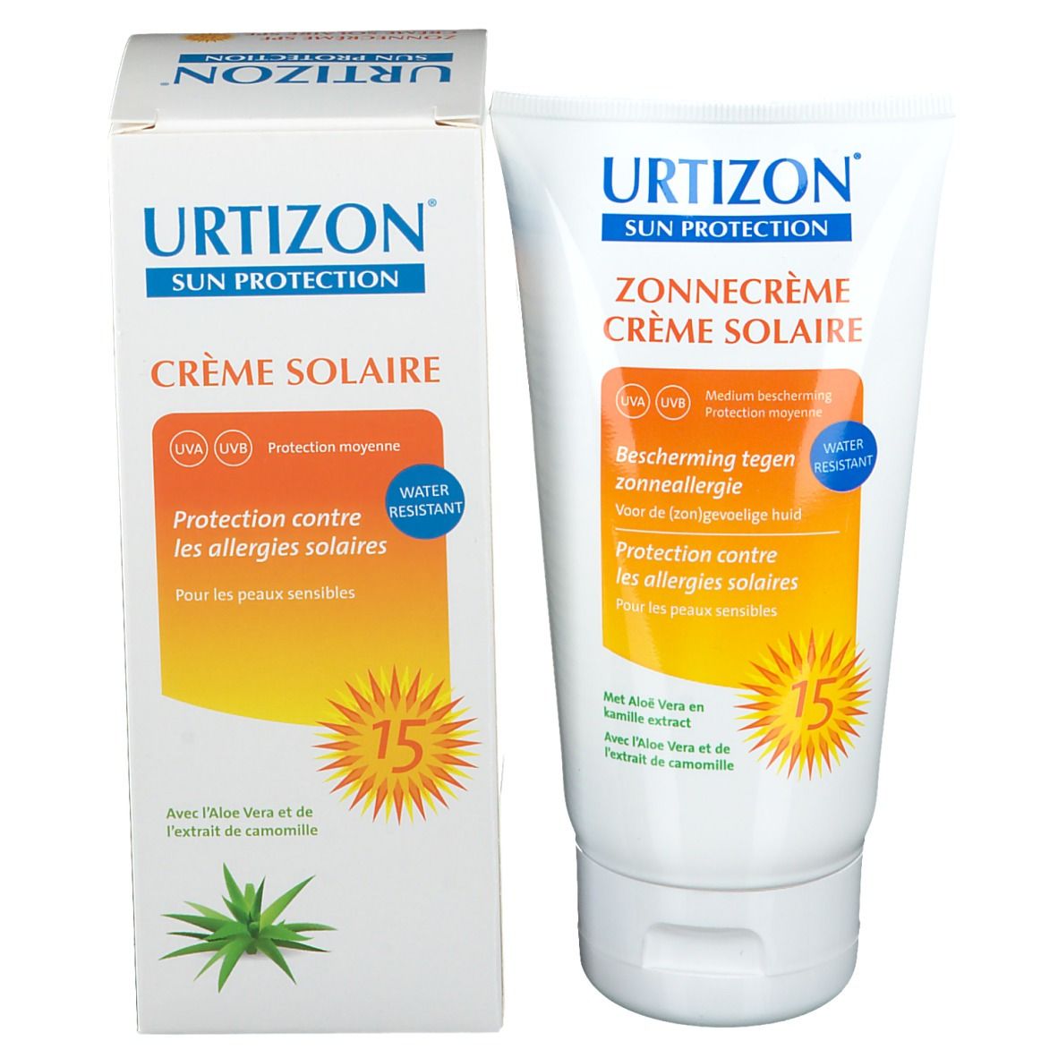 Urtizon zonnecrème SPF15, tube en doos. Beide tonen productnaam, SPF15 en tekst in het Duits, Frans en Nederlands.