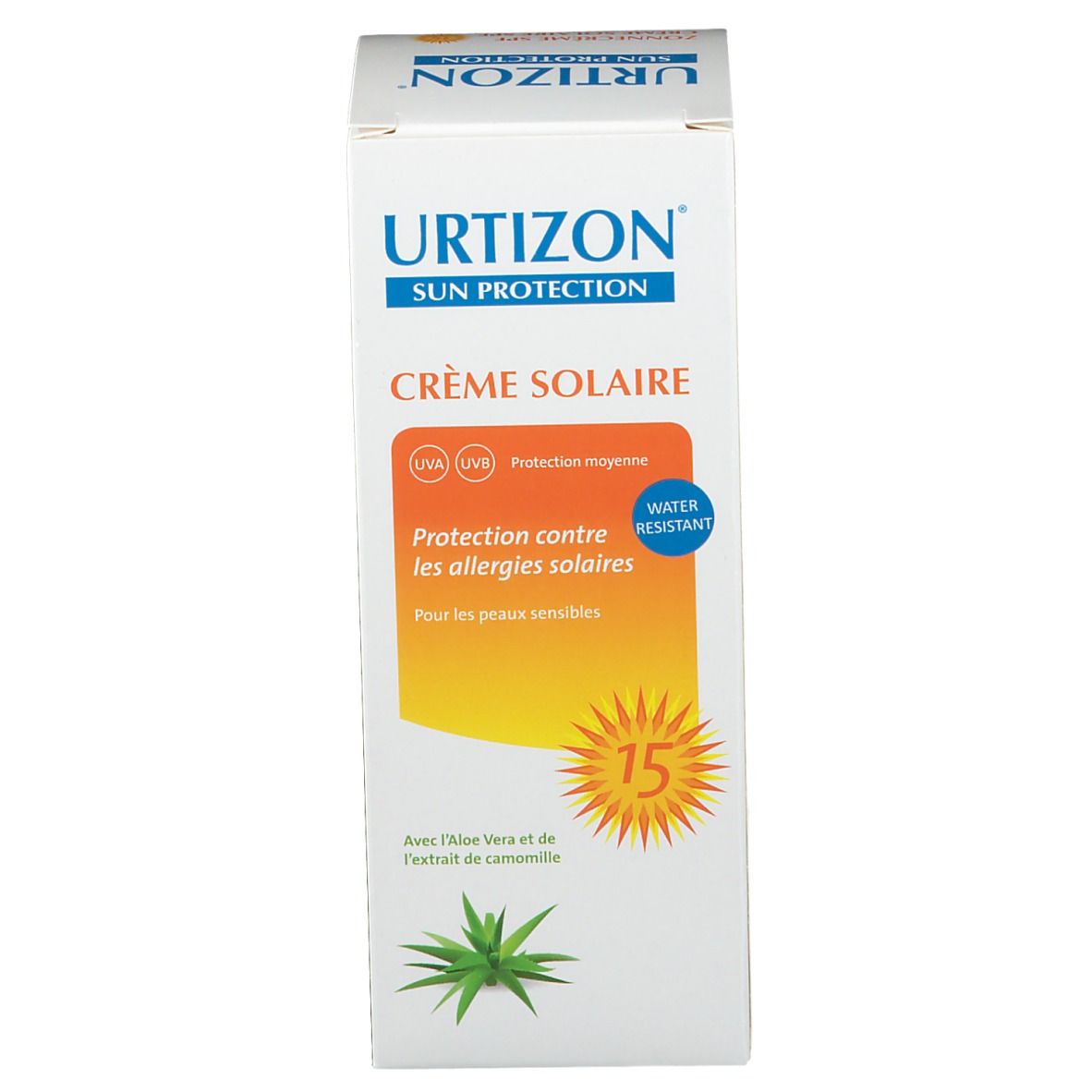 Urtizon zonnecrèmedoos. Toont productnaam, SPF15 en tekst in het Duits, Frans en Nederlands. Witte verpakking.
