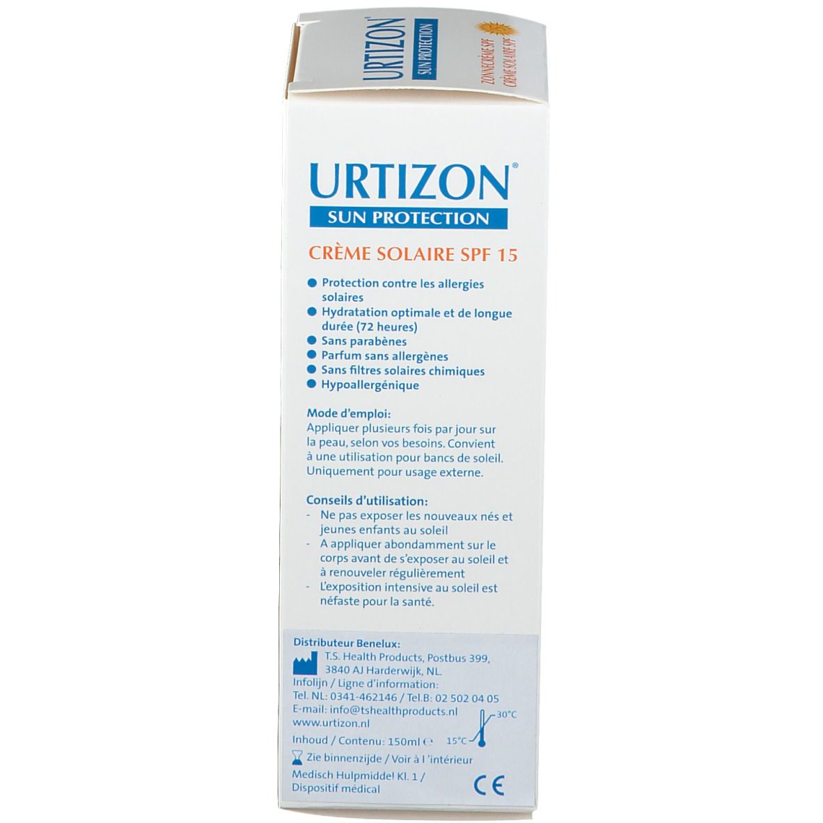 Achterkant van de Urtizon zonnecrèmedoos. Tekst in het Duits, Frans en Nederlands. Bevat informatie over ingrediënten en gebruik.