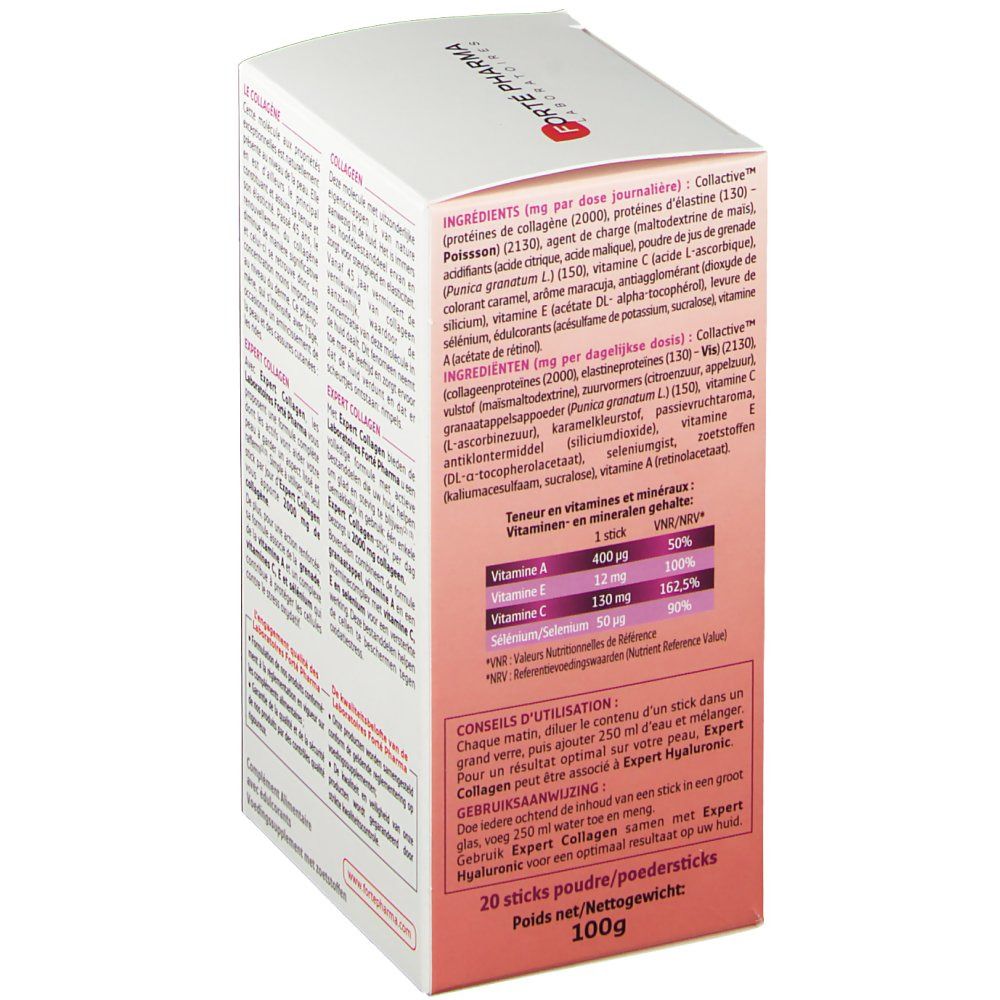 Zijkant van de verpakking van Forté Pharma Expert Collagène. Lijst van ingrediënten en voedingswaarde-informatie. Tekst in het Frans en Nederlands.