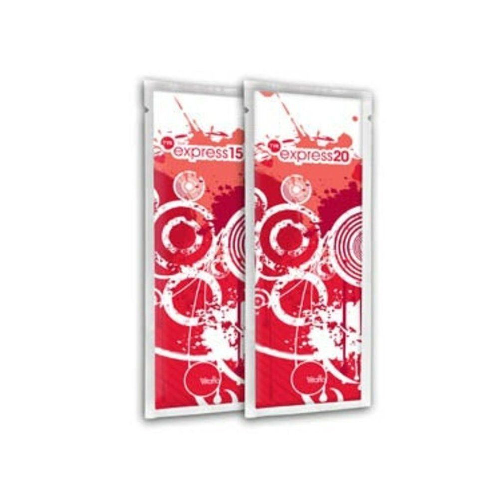Twee zakjes met rood design. Opdrukken: cirkels, spetters, tekst "express20". Linksonder: logo "Vitaflo".