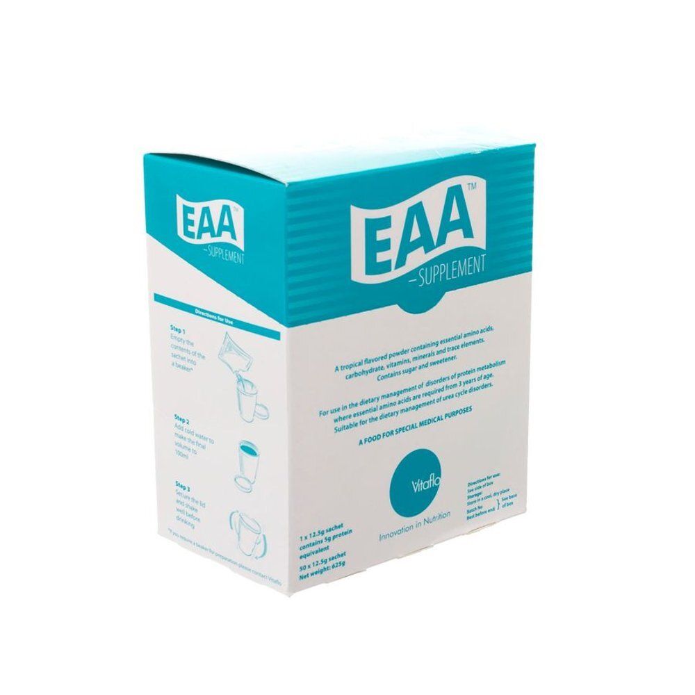 Kartonnen doos met "EAA Supplement" logo. Turquoise en wit. Bevat informatie over ingrediënten en gebruik. Merk: Vitaflo.